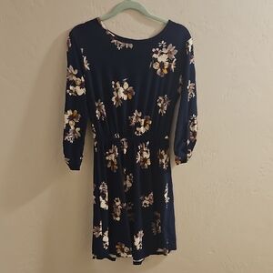 French Grey Dark Blue Floral Long Sleeve Dress